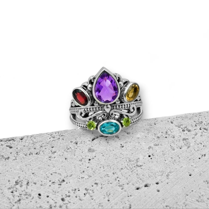 Sterling Silver Multi gemstone Crown Ring SSR366