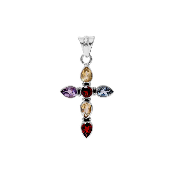 Sterling Silver Multi Gemstone Cross Pendant SSP223