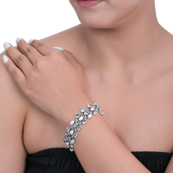 Sterling Silver Pearl & Sky Blue Topaz Bracelet SSBR116