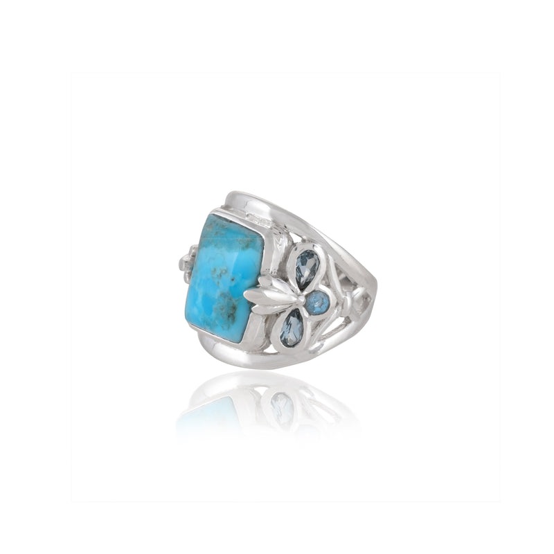 925 Sterling Silver Blue Mohave Turquoise and Swiss Blue Topaz Ring SSR409