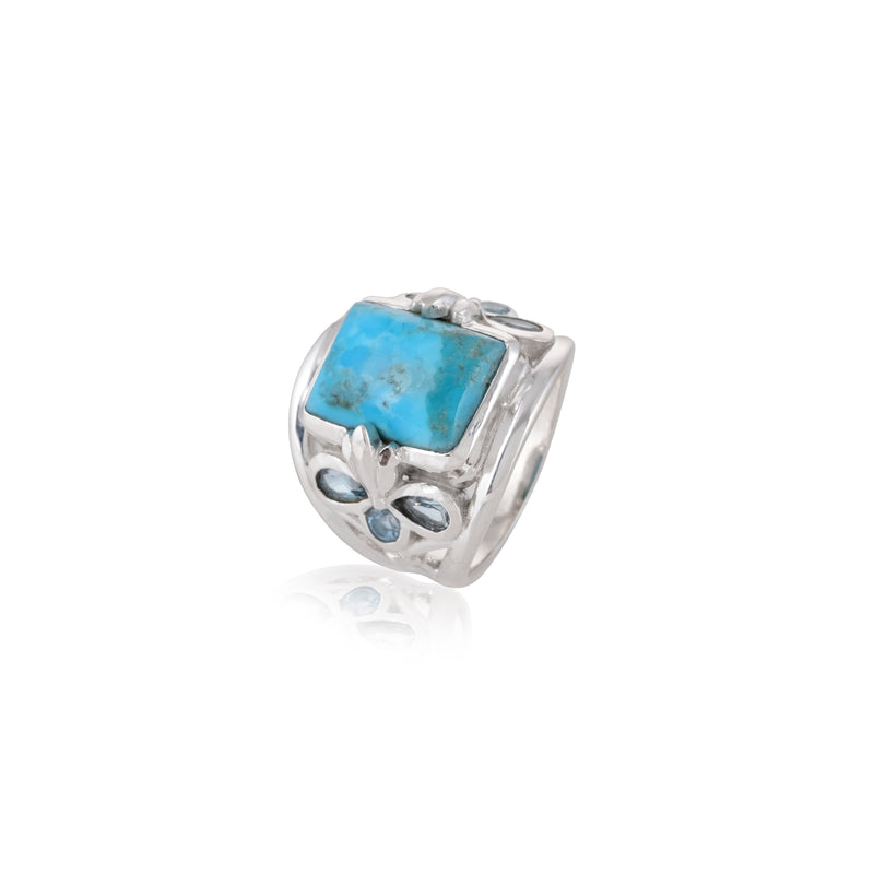 925 Sterling Silver Blue Mohave Turquoise and Swiss Blue Topaz Ring SSR409