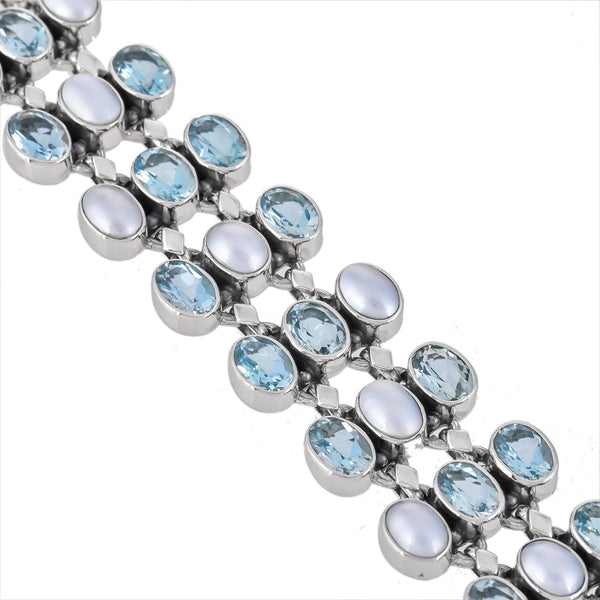Sterling Silver Pearl & Sky Blue Topaz Bracelet SSBR116