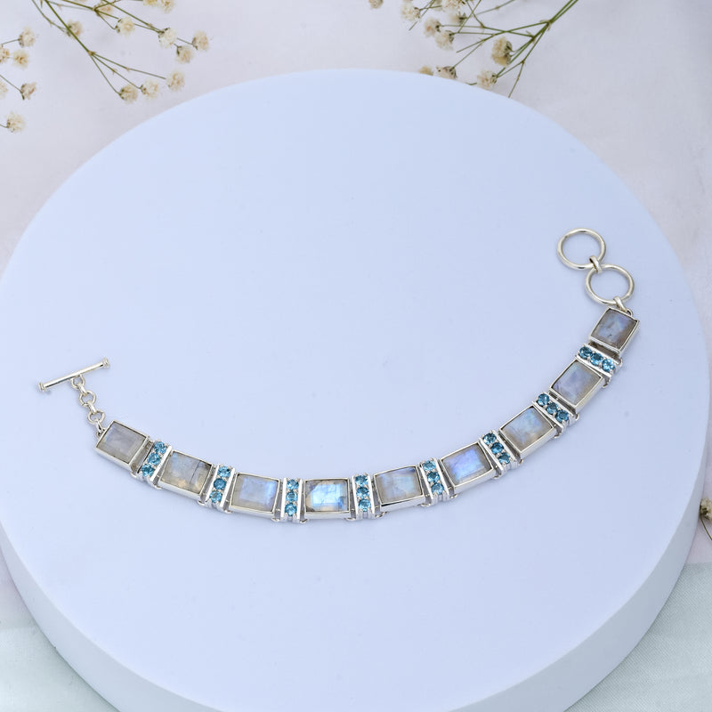 925 Sterling Silver Rainbow Moonstone & Blue Topaz Bracelet SSBR110