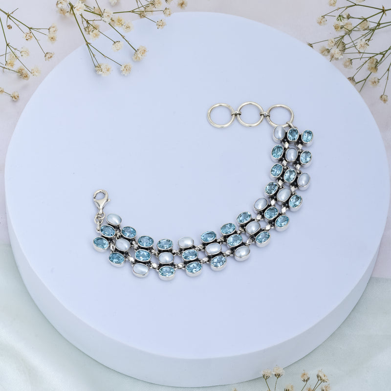 Sterling Silver Pearl & Sky Blue Topaz Bracelet SSBR116