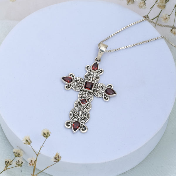 Sterling Silver Garnet Cross Pendant SSP250