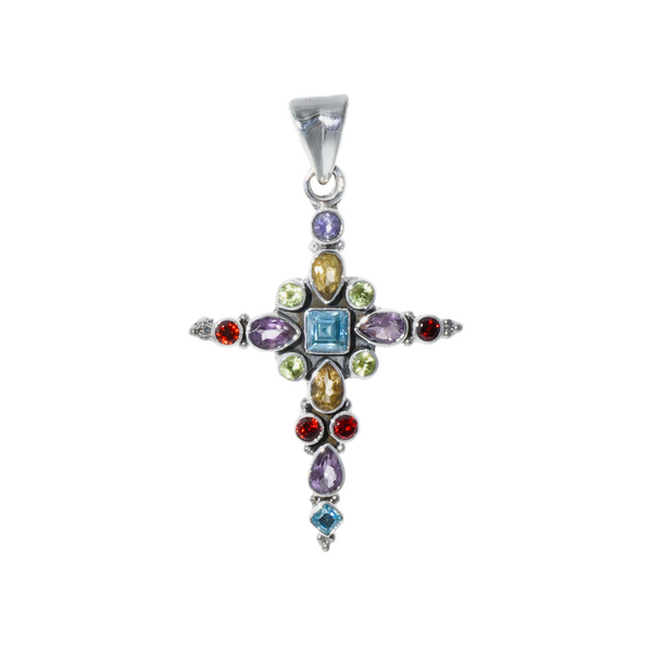 Sterling Silver Multi gemstone Cross Pendant SSP94