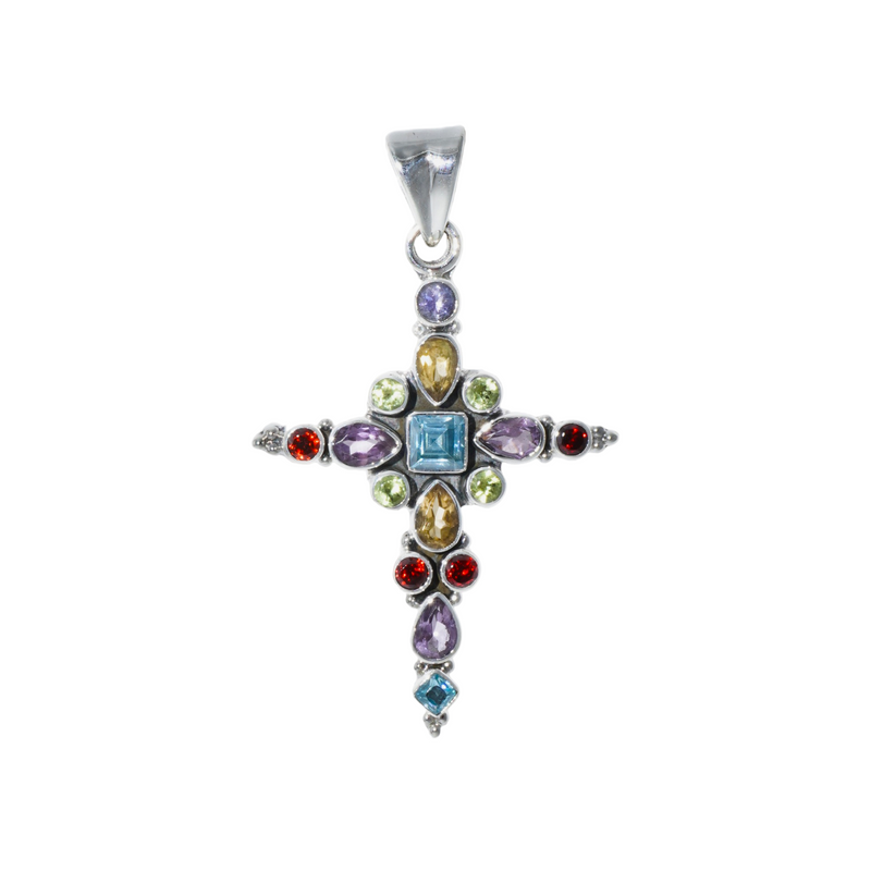 Sterling Silver Multi gemstone Cross Pendant SSP94