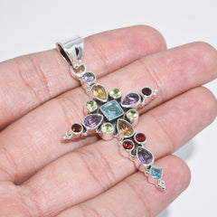 Sterling Silver Multi gemstone Cross Pendant SSP94