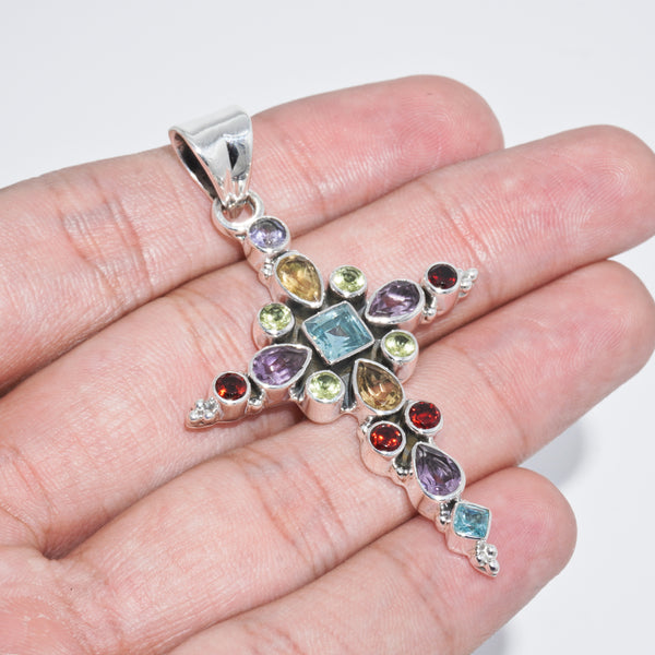 Sterling Silver Multi gemstone Cross Pendant SSP94