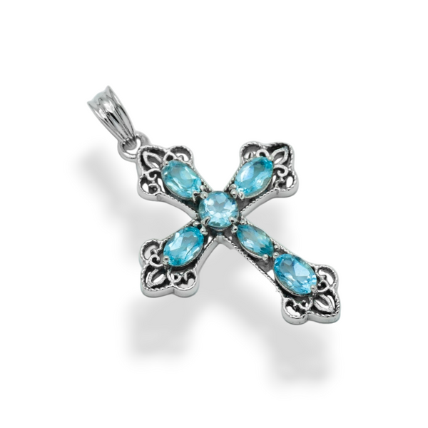 Sterling Silver Blue Topaz Cross Pendant SSP199