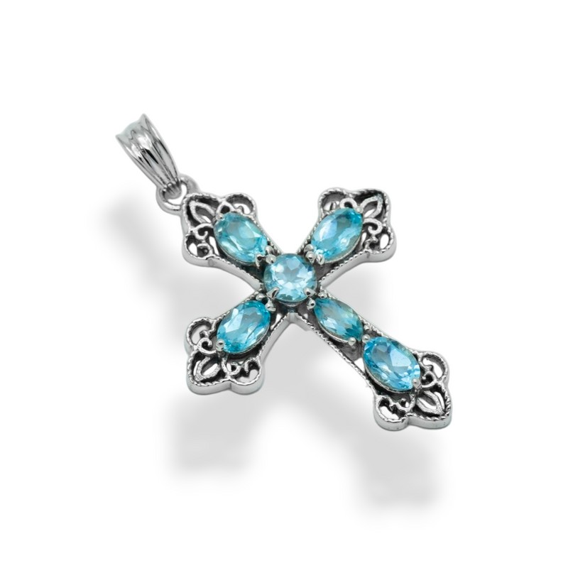 Sterling Silver Blue Topaz Cross Pendant SSP199