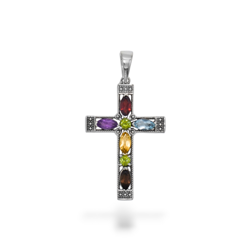 Sterling Silver multi Gemstone Cross Pendant SSP198