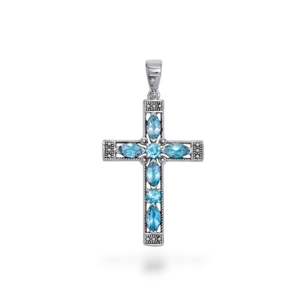 Sterling Silver Blue Topaz Cross Pendant SSP198