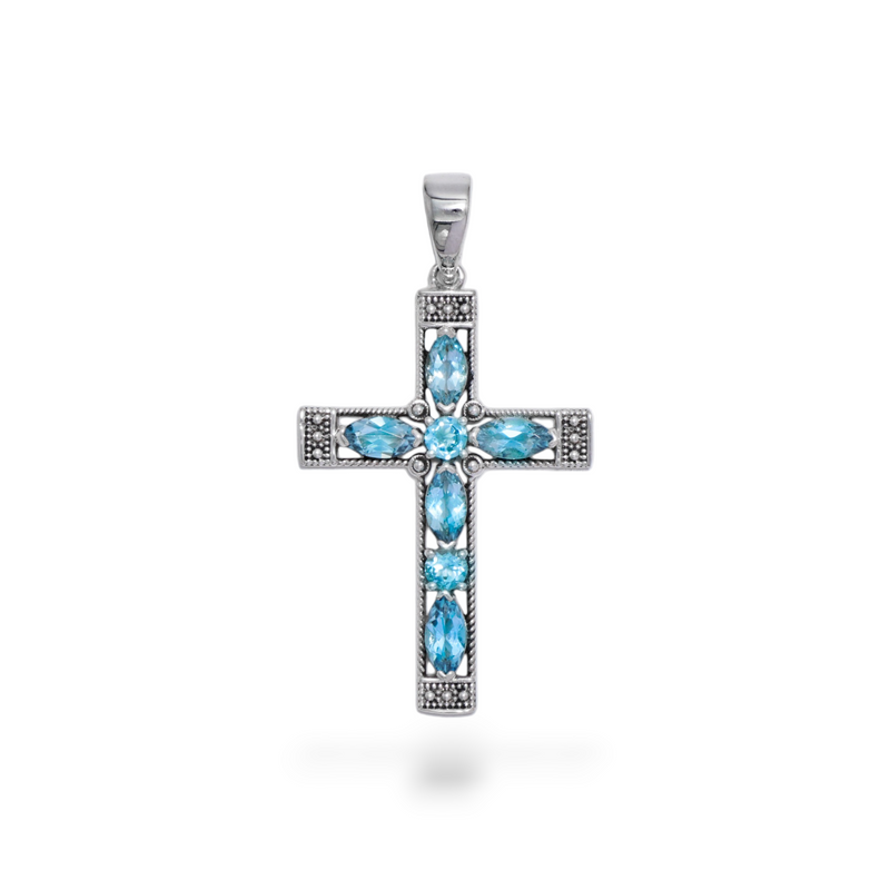 Sterling Silver Blue Topaz Cross Pendant SSP198