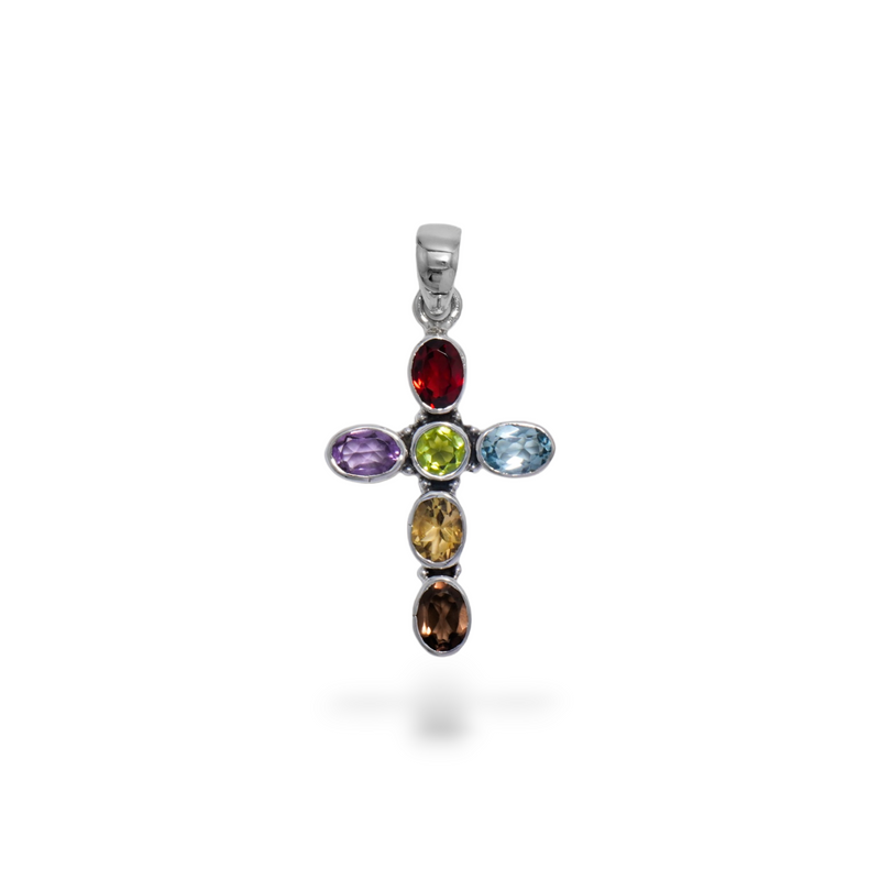 Sterling Silver Multi Gemstone Cross Pendant SSP224