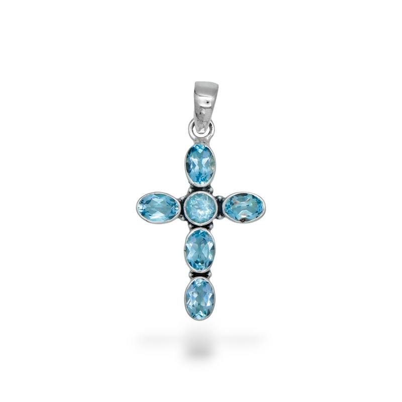 Sterling Silver Blue Topaz Cross Pendant SSP224