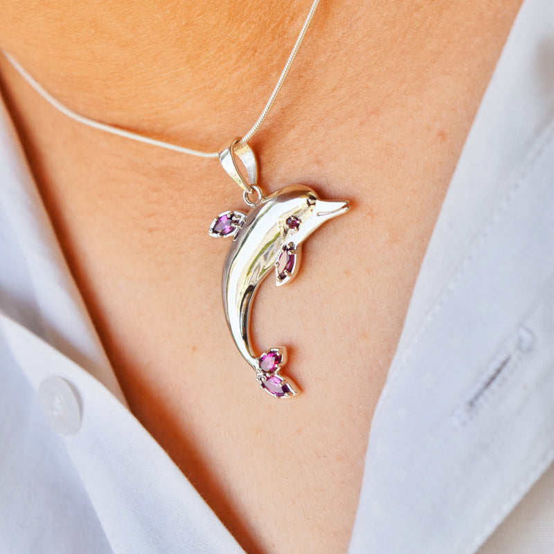 Sterling Silver Rhodolite Dolphin Pendant SSP3