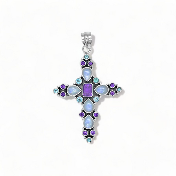 Sterling Silver Multi Gemstone Cross Pendant SSP211
