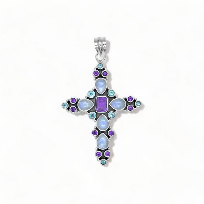 Sterling Silver Multi Gemstone Cross Pendant SSP211