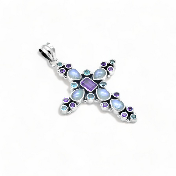 Sterling Silver Multi Gemstone Cross Pendant SSP211