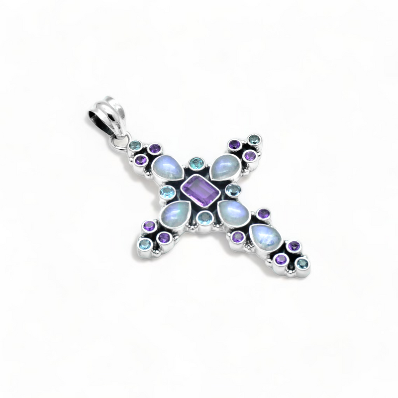 Sterling Silver Multi Gemstone Cross Pendant SSP211