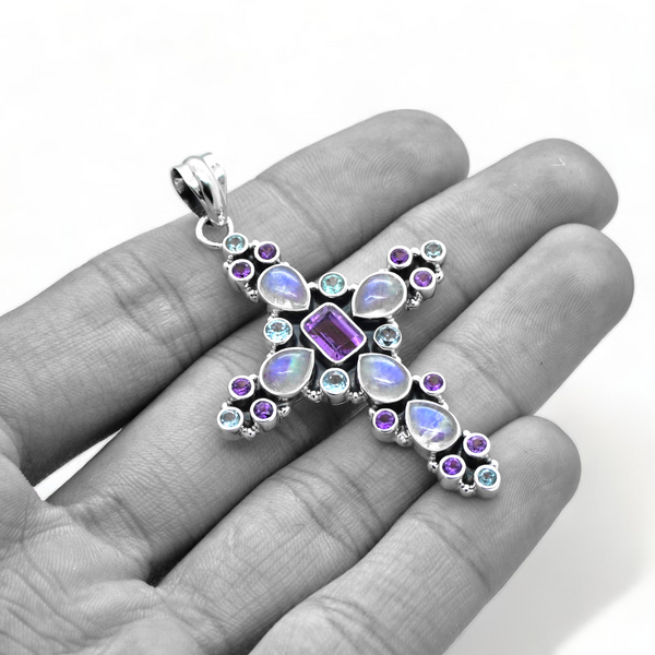 Sterling Silver Multi Gemstone Cross Pendant SSP211