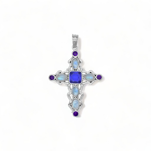 Sterling Silver Multi Gemstone Cross Pendant SSP212