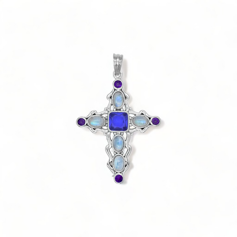 Sterling Silver Multi Gemstone Cross Pendant SSP212