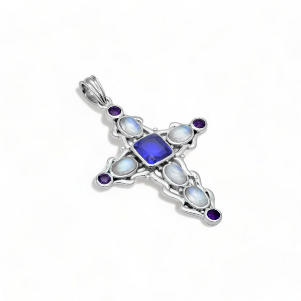 Sterling Silver Multi Gemstone Cross Pendant SSP212