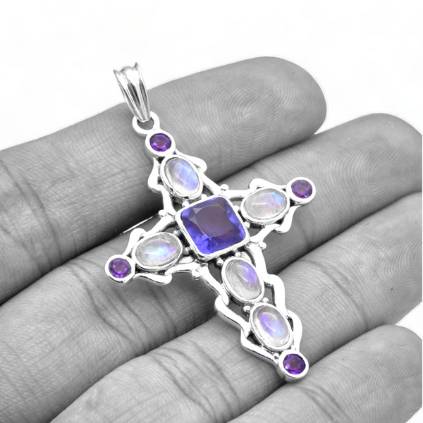 Sterling Silver Multi Gemstone Cross Pendant SSP212