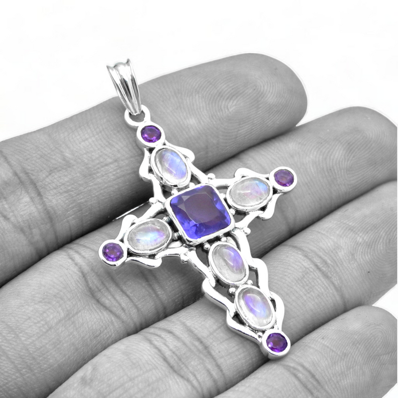 Sterling Silver Multi Gemstone Cross Pendant SSP212