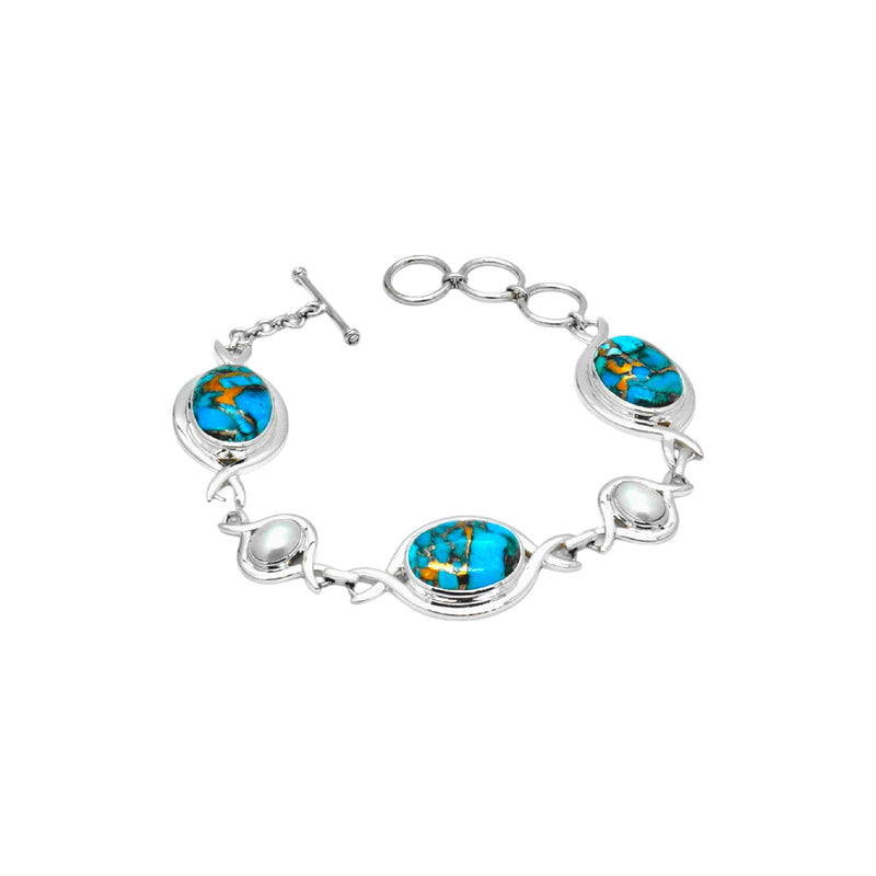 Sterling Silver Copper Turquoise & Pearl Bracelet SSBR8