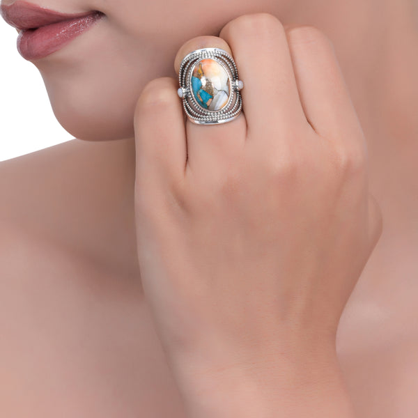 Sterling Silver Oyster Turquoise and Pearl Ring SSR334