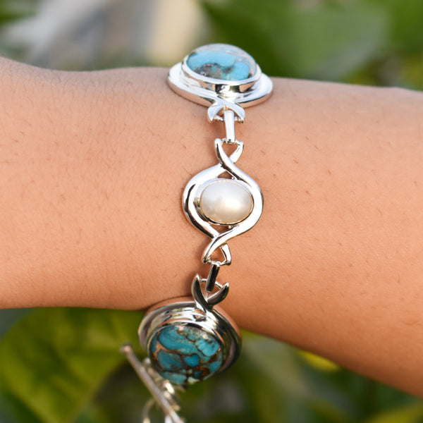Sterling Silver Copper Turquoise & Pearl Bracelet SSBR8