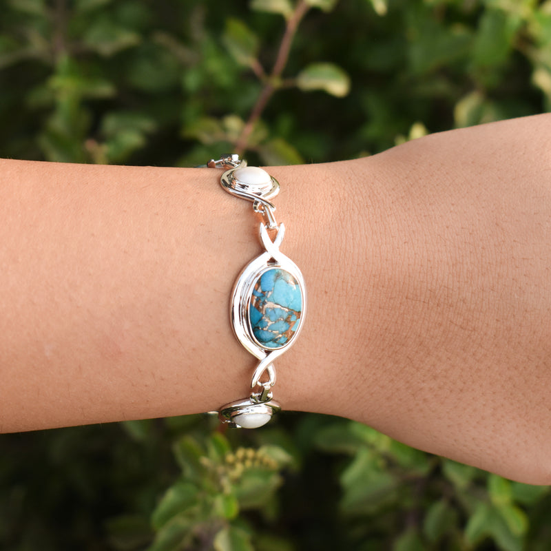 Sterling Silver Copper Turquoise & Pearl Bracelet SSBR8
