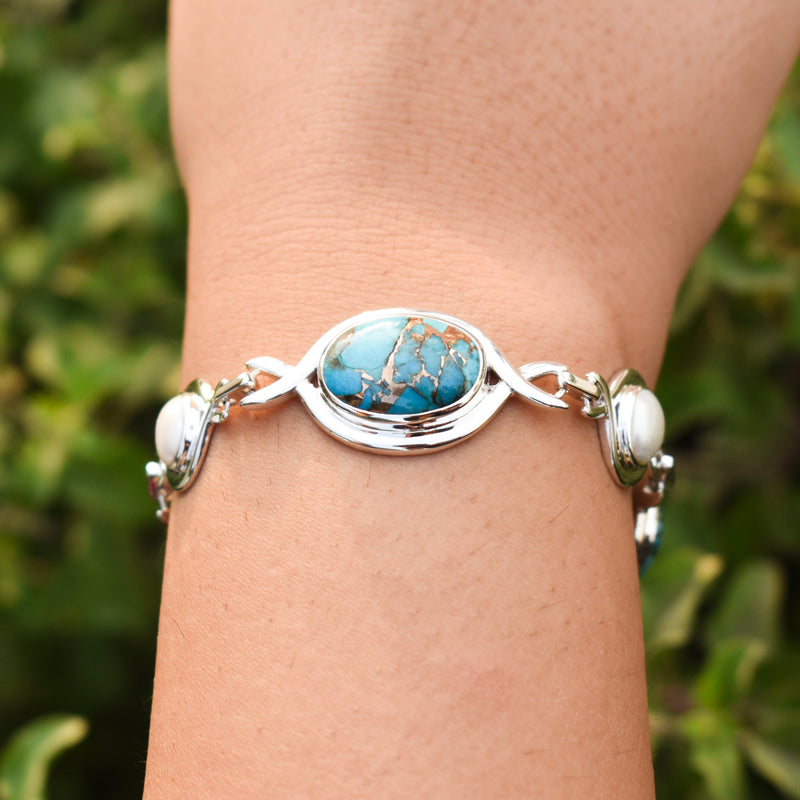 Sterling Silver Copper Turquoise & Pearl Bracelet SSBR8